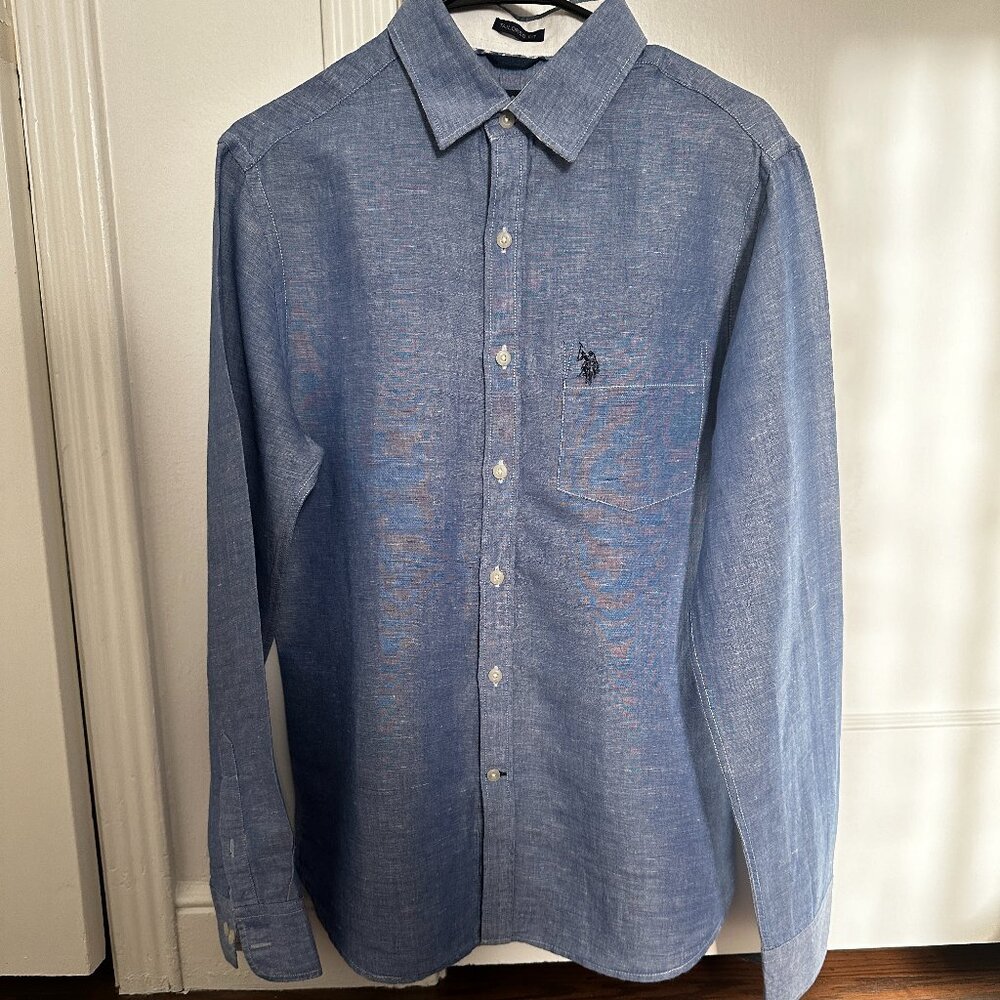 U.S. Polo Blue Linen Button-Down Shirt – Size Medium